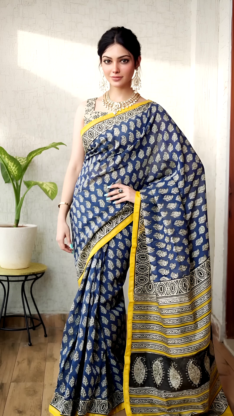 Blue Hand Block Chanderi Saree with Yellow Border