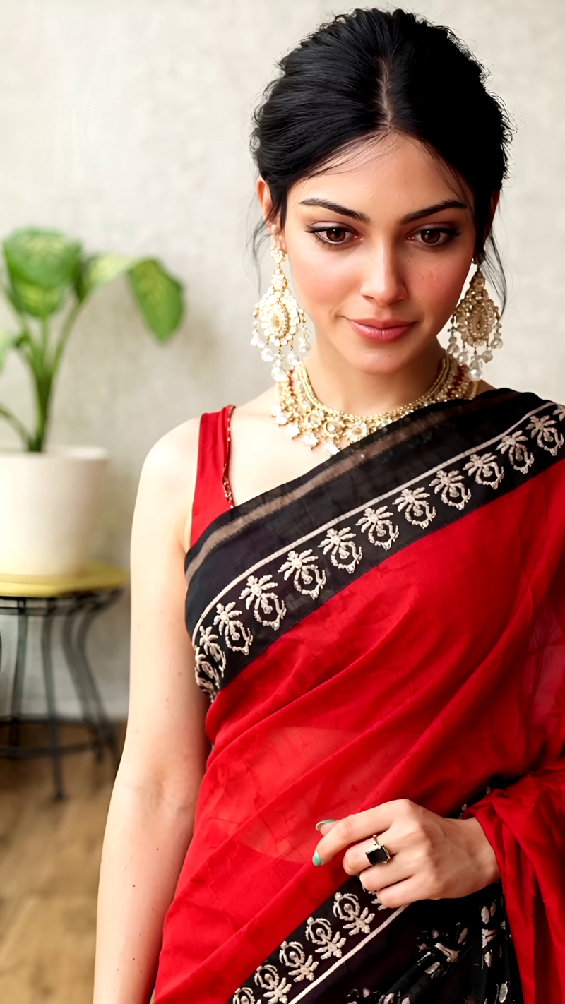 Red & Black Chanderi Silk Hand Block Printed Saree