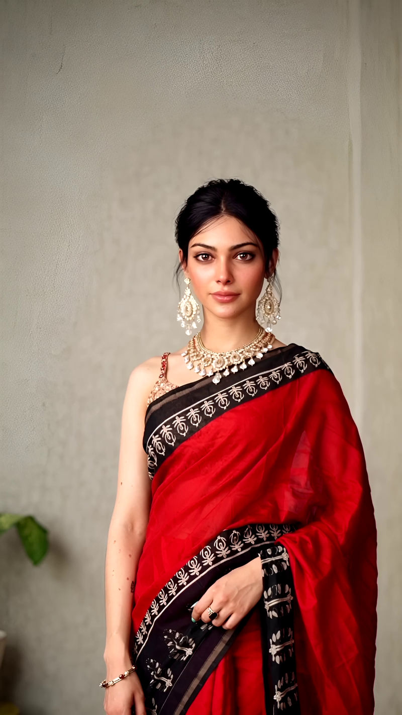 Red & Black Chanderi Silk Hand Block Printed Saree