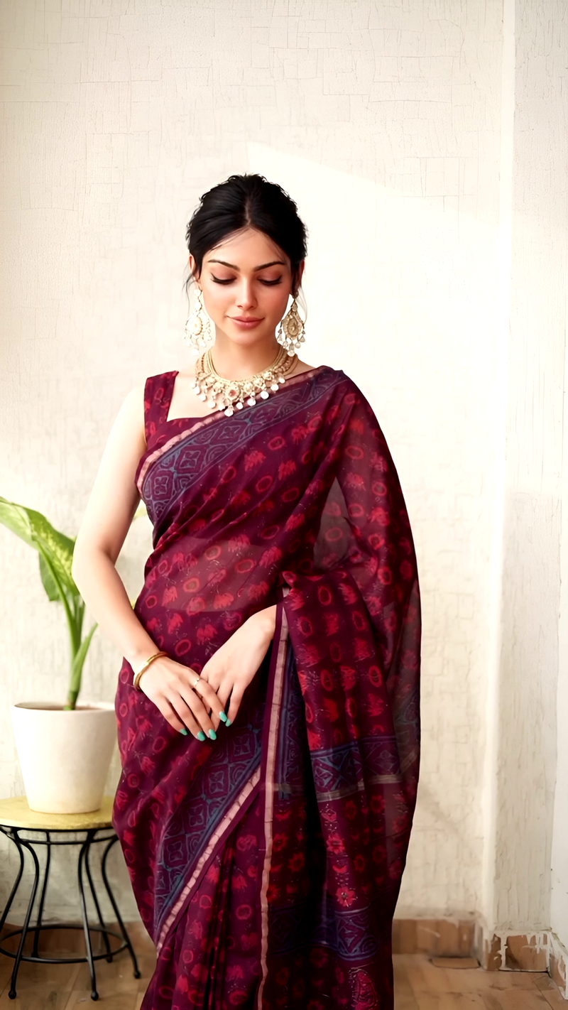 Hand Block Chanderi Saree โ Maroon & Blue Elegance