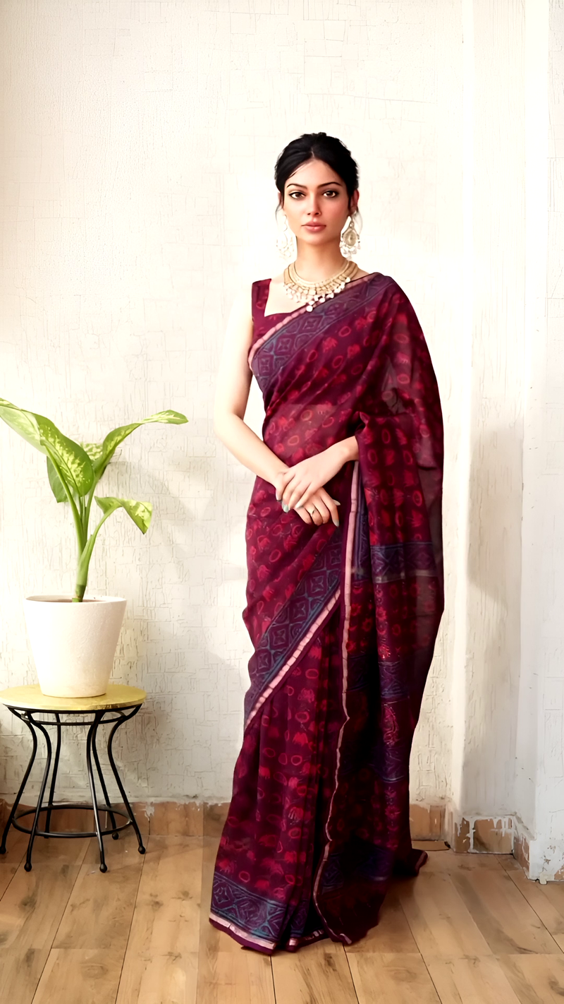 Hand Block Chanderi Saree โ Maroon & Blue Elegance