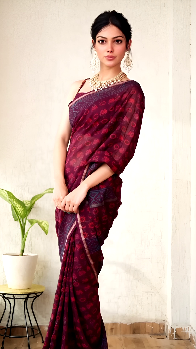 Hand Block Chanderi Saree โ Maroon & Blue Elegance