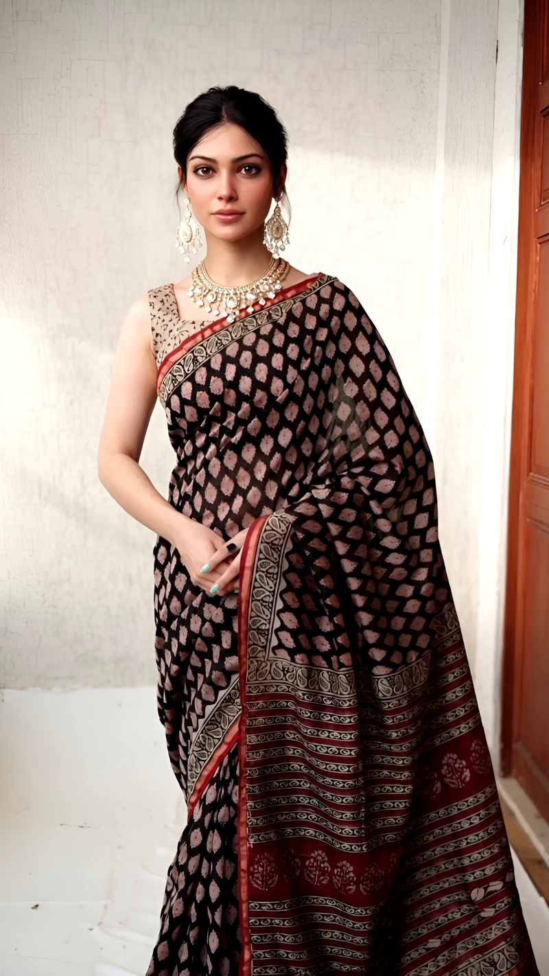 Hand Block Chanderi Saree โ Black with Red Pallu