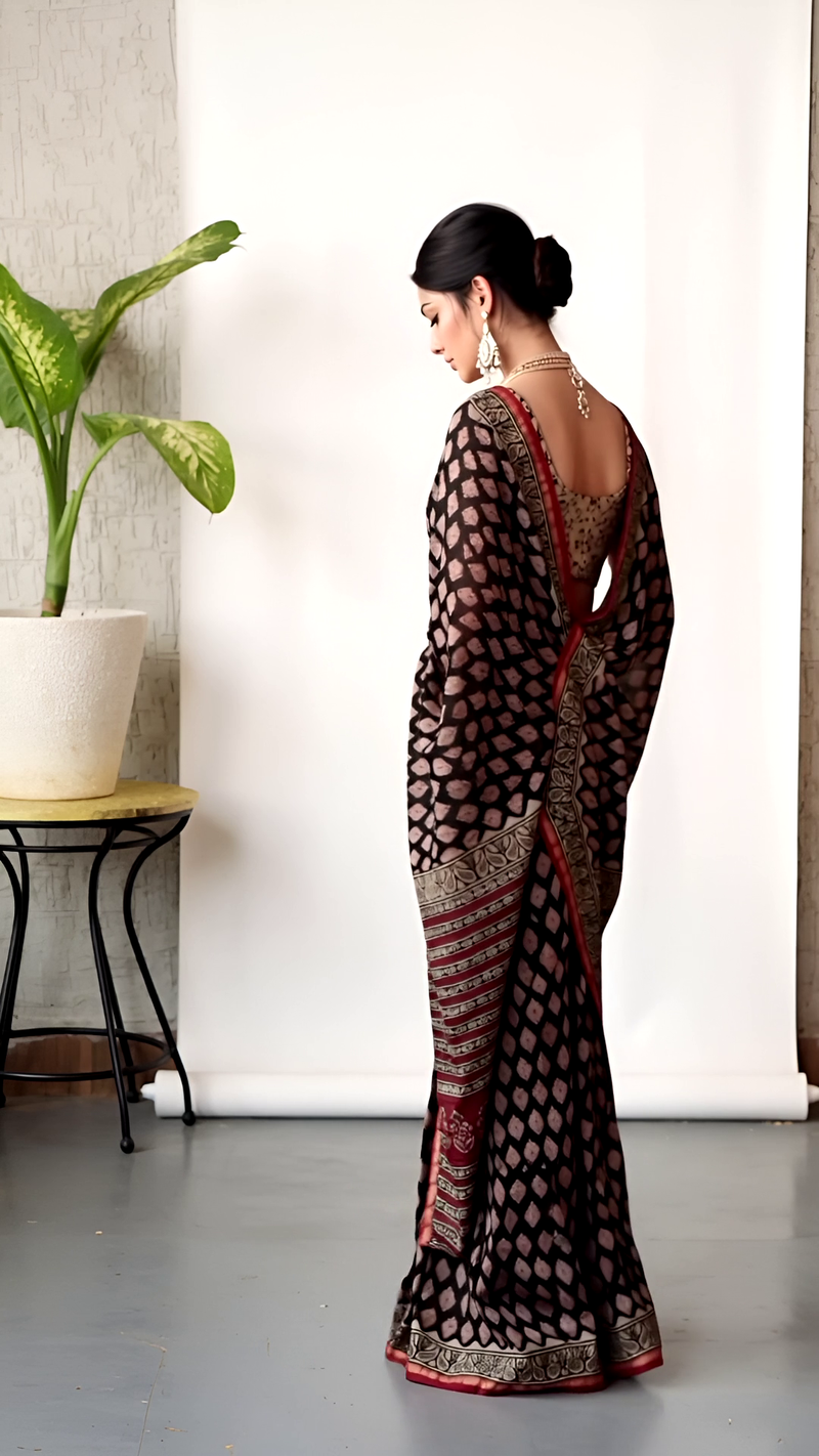 Hand Block Chanderi Saree โ Black with Red Pallu