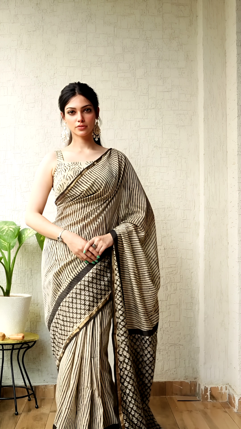 Hand Block Cotton Saree โ Cream Stripes & Black Motifs