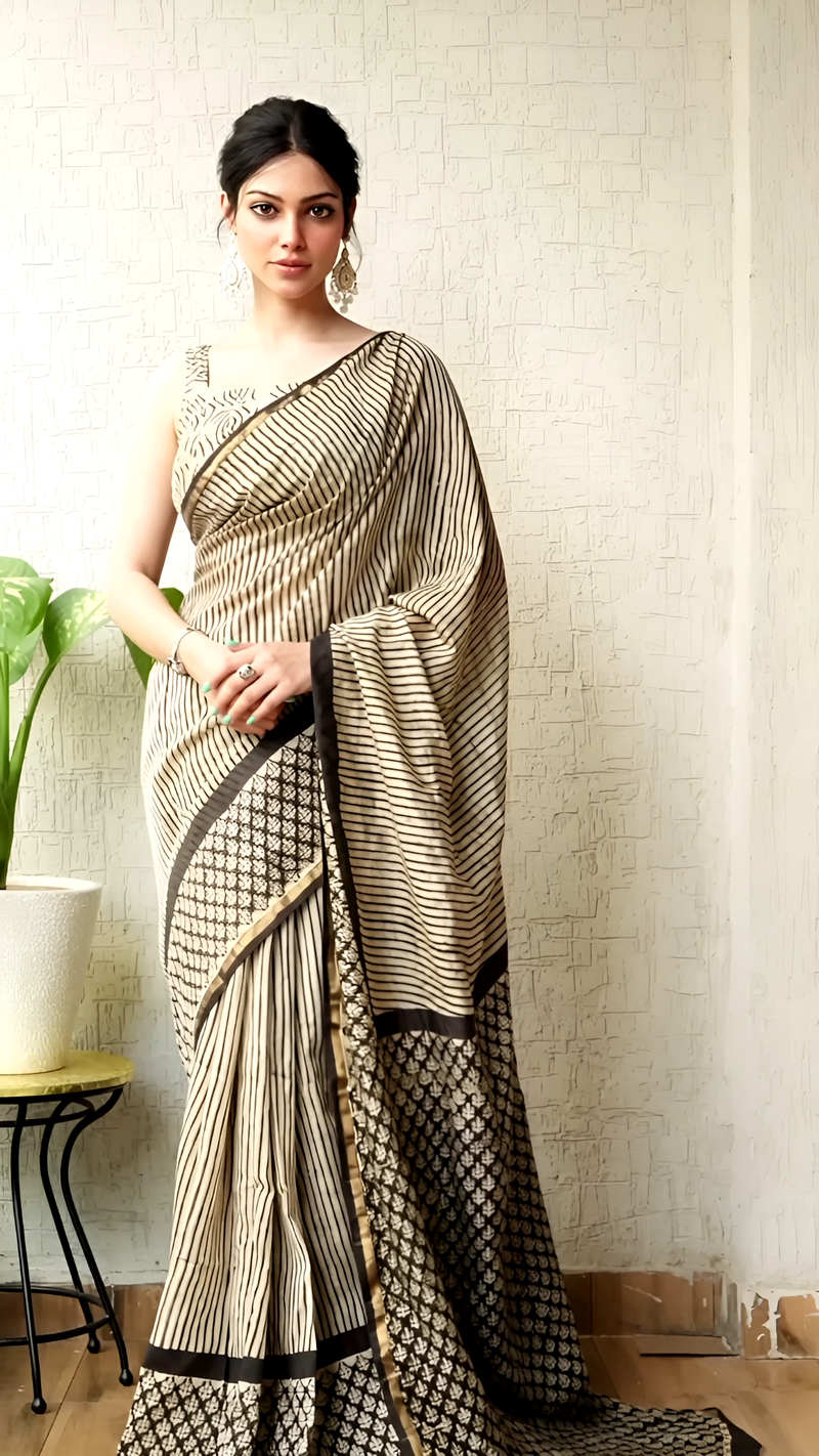 Hand Block Cotton Saree โ Cream Stripes & Black Motifs