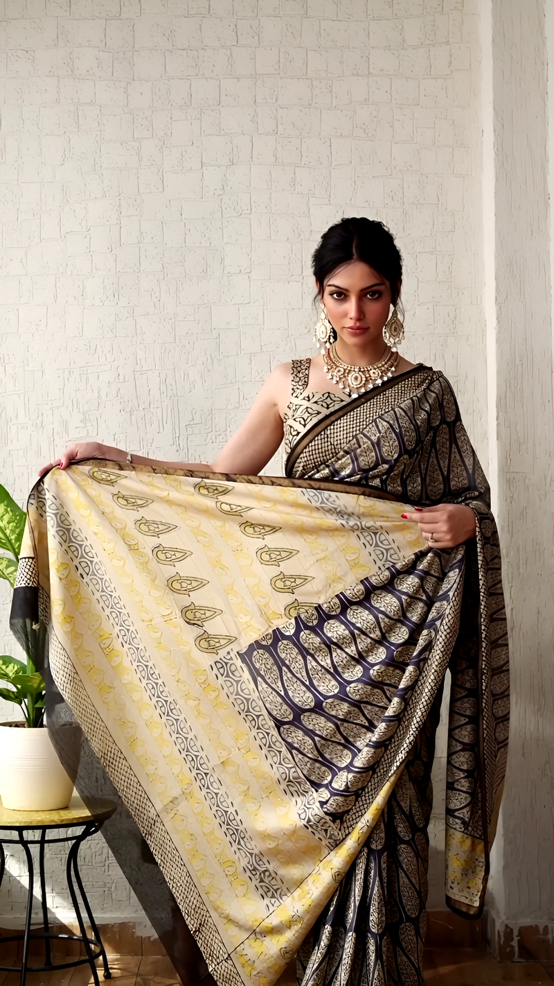 Pure Cotton Hand Block Saree โ Cream with Blue & Yellow