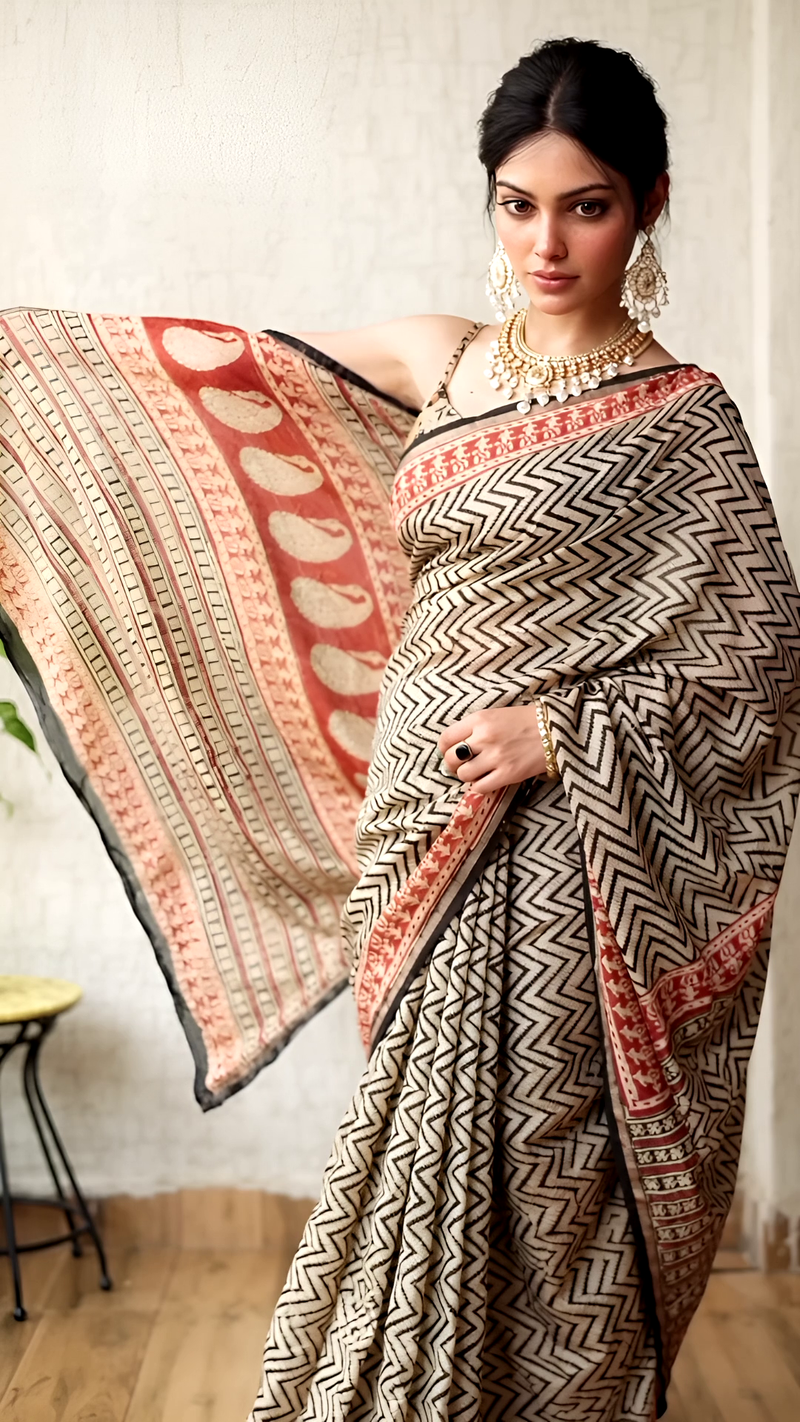 Pure Cotton Hand Block Saree โ Cream Chevron & Paisley