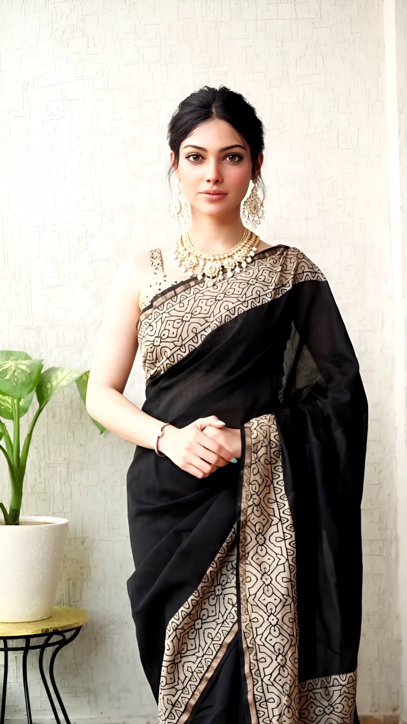 Pure Chanderi Silk Black Hand Block Saree โ Beige Border