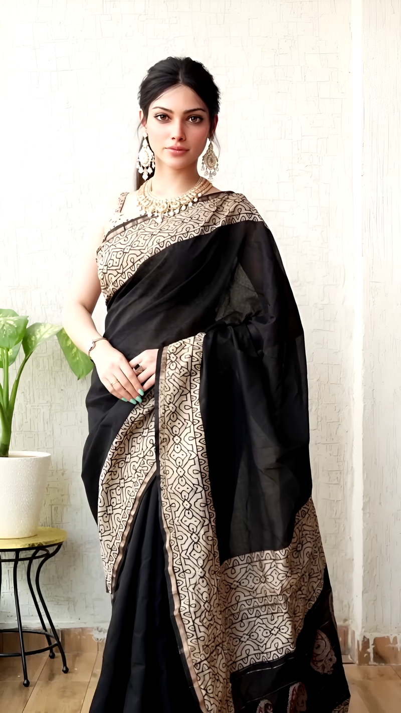 Pure Chanderi Silk Black Hand Block Saree โ Beige Border