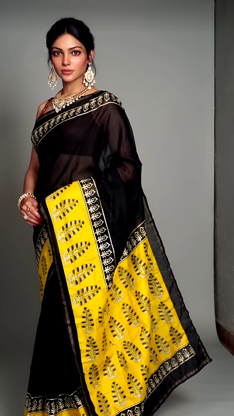 Pure Cotton Ajrakh Hand Block Printed Saree โ Black with Mustard Yellow Pallu