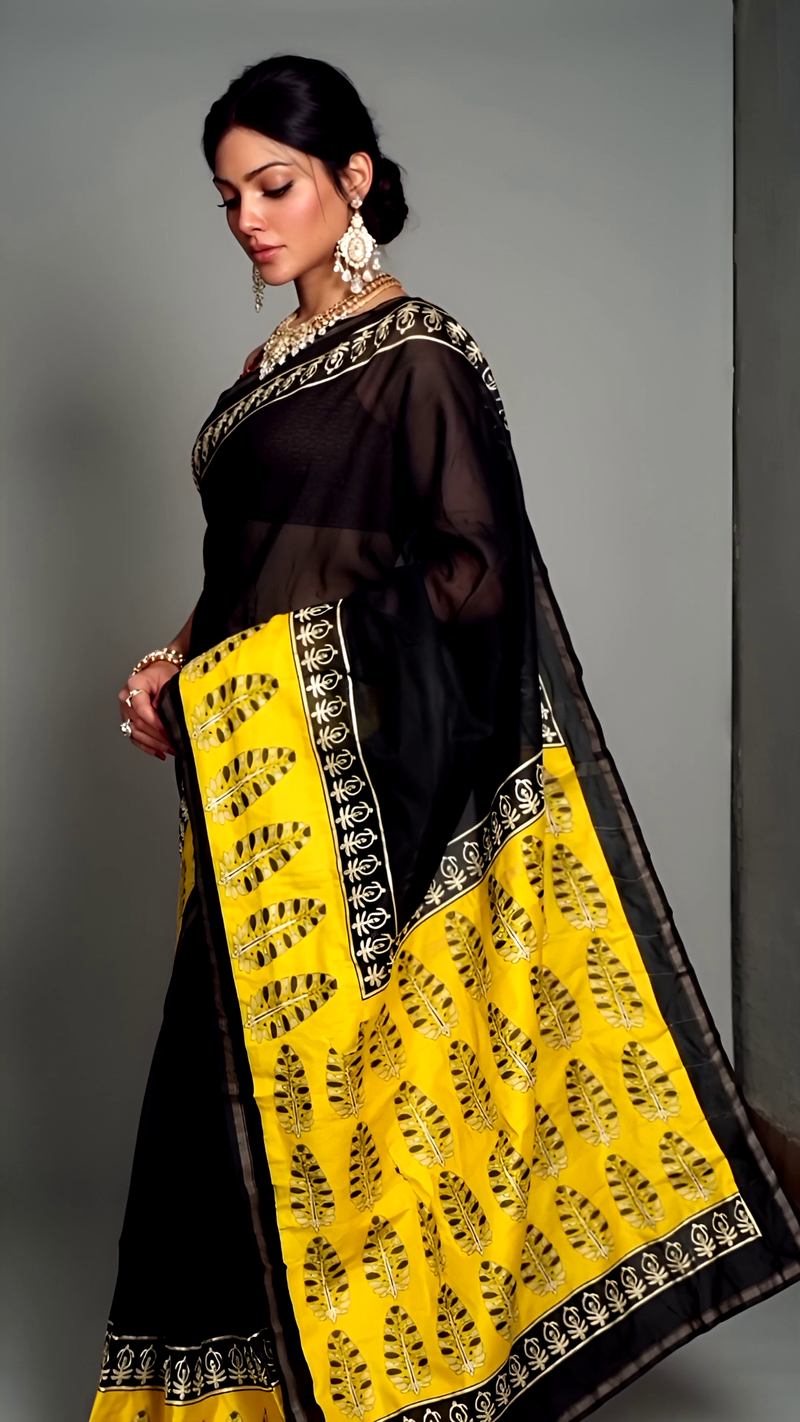 Pure Cotton Ajrakh Hand Block Printed Saree โ Black with Mustard Yellow Pallu