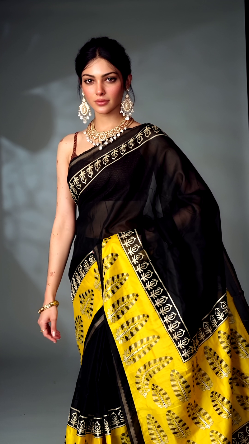Pure Cotton Ajrakh Hand Block Printed Saree โ Black with Mustard Yellow Pallu
