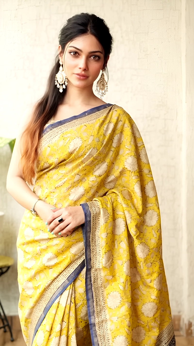 Pure Cotton Ajrakh Hand Block Printed Saree โ Mustard Yellow with Indigo Blue Border