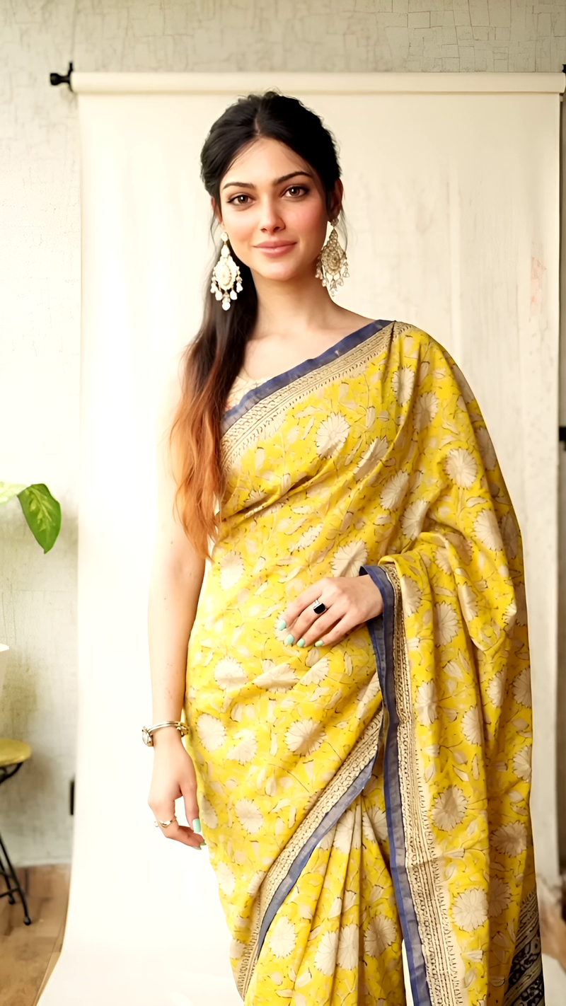 Pure Cotton Ajrakh Hand Block Printed Saree โ Mustard Yellow with Indigo Blue Border