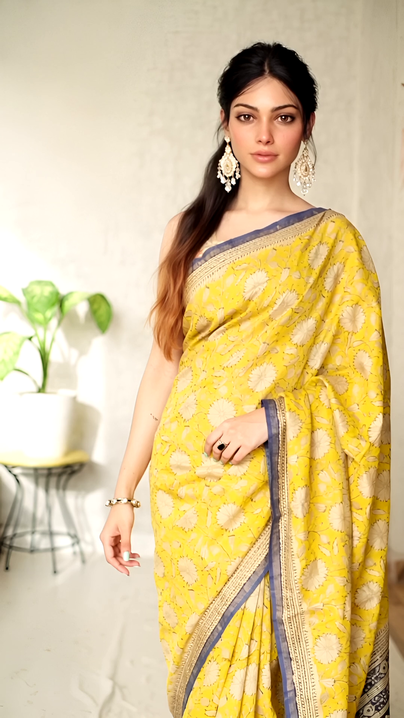 Pure Cotton Ajrakh Hand Block Printed Saree โ Mustard Yellow with Indigo Blue Border