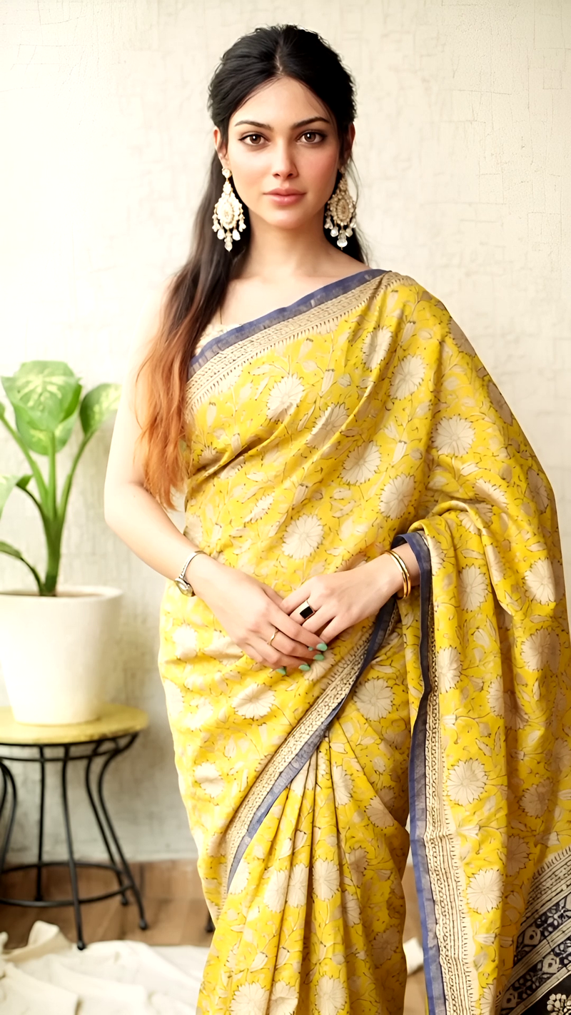 Pure Cotton Ajrakh Hand Block Printed Saree โ Mustard Yellow with Indigo Blue Border