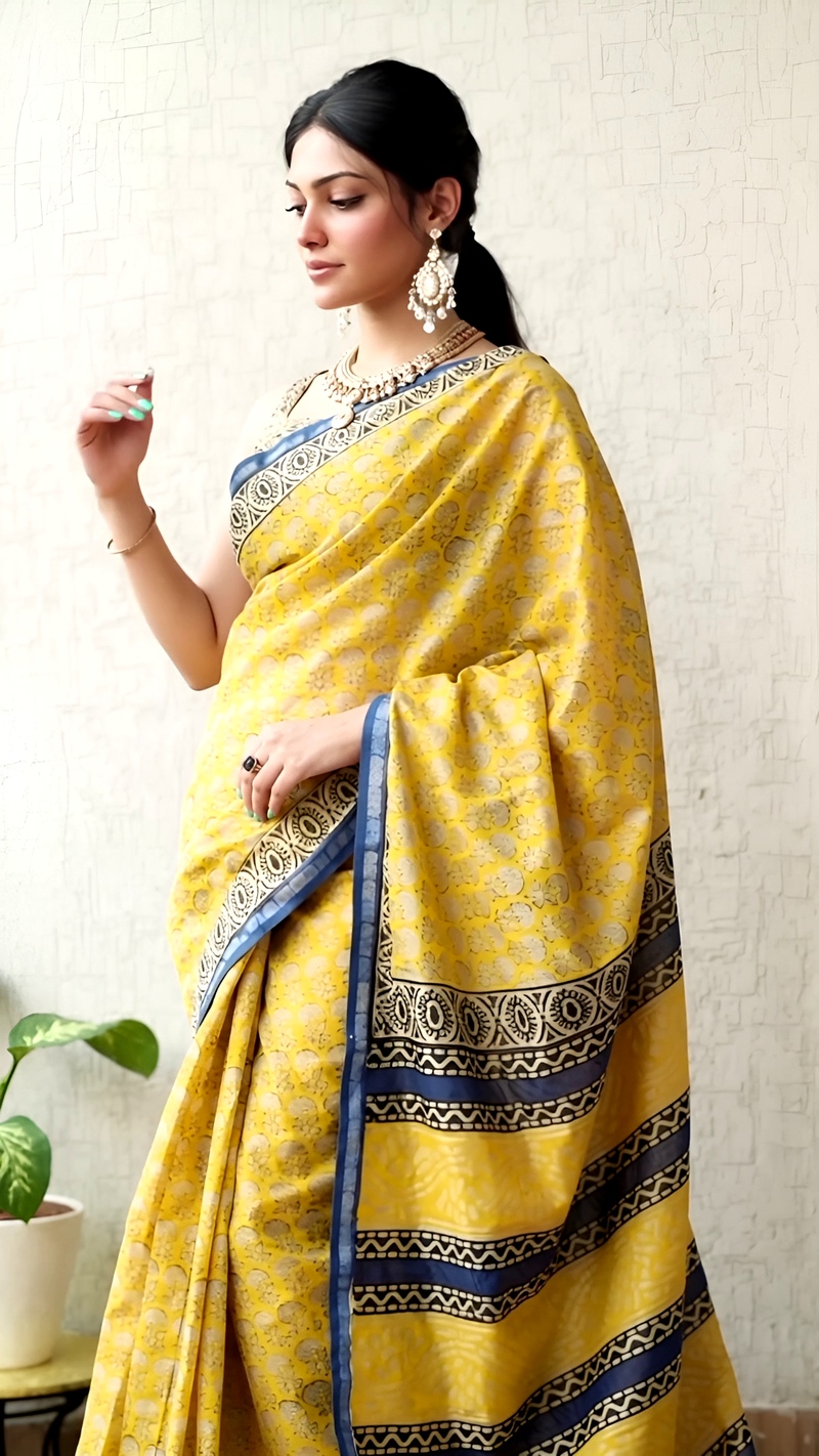 Pure Cotton Ajrakh Hand Block Printed Saree โ Mustard Yellow with Indigo Borders