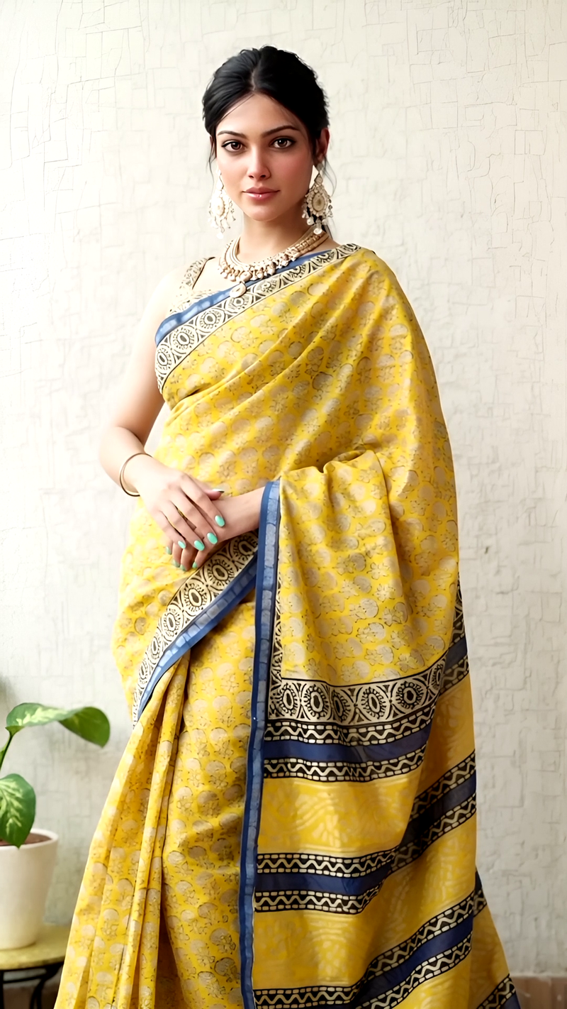 Pure Cotton Ajrakh Hand Block Printed Saree โ Mustard Yellow with Indigo Borders