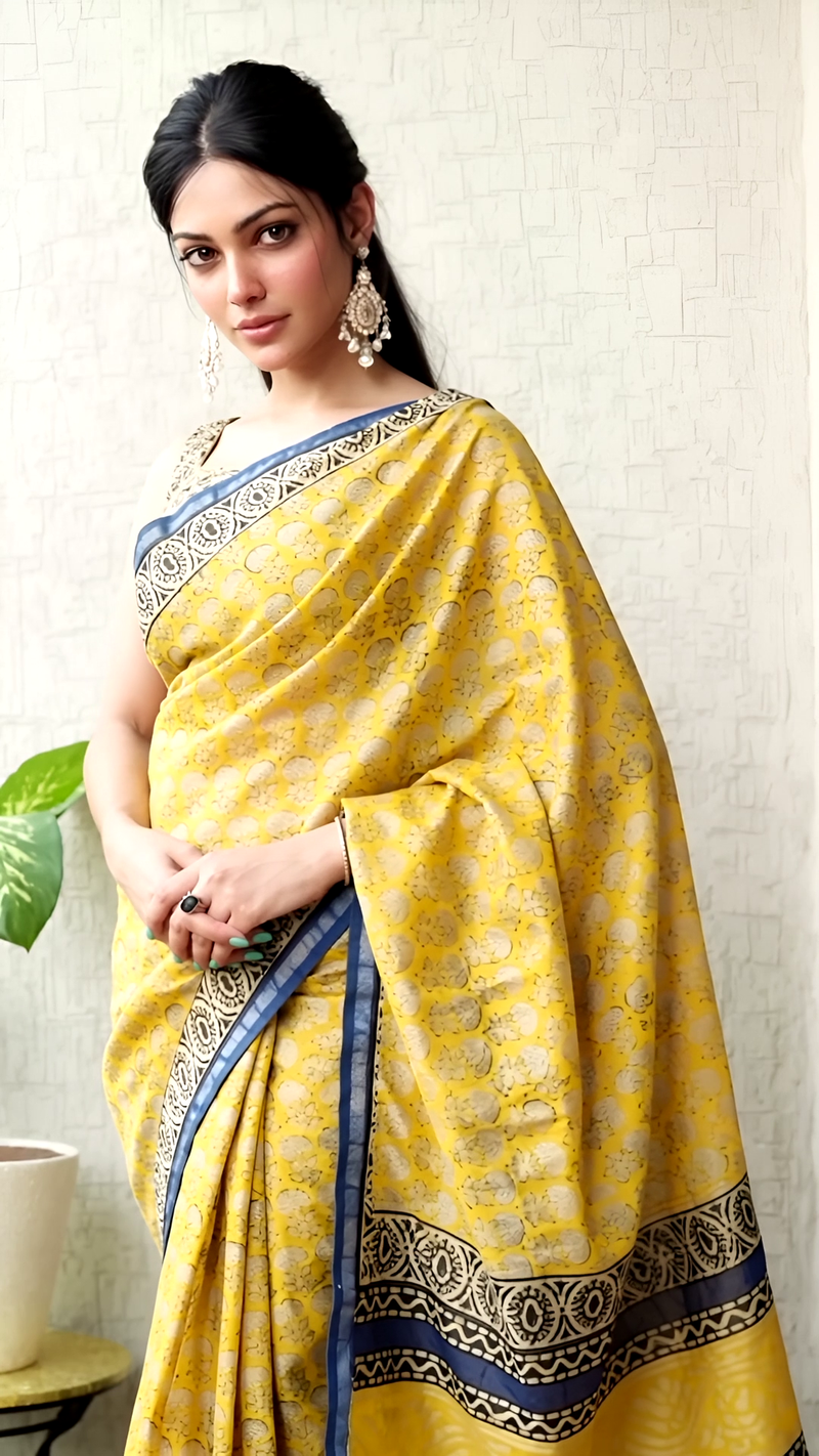 Pure Cotton Ajrakh Hand Block Printed Saree โ Mustard Yellow with Indigo Borders