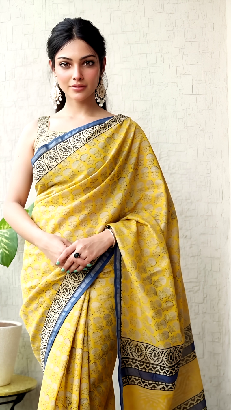 Pure Cotton Ajrakh Hand Block Printed Saree โ Mustard Yellow with Indigo Borders