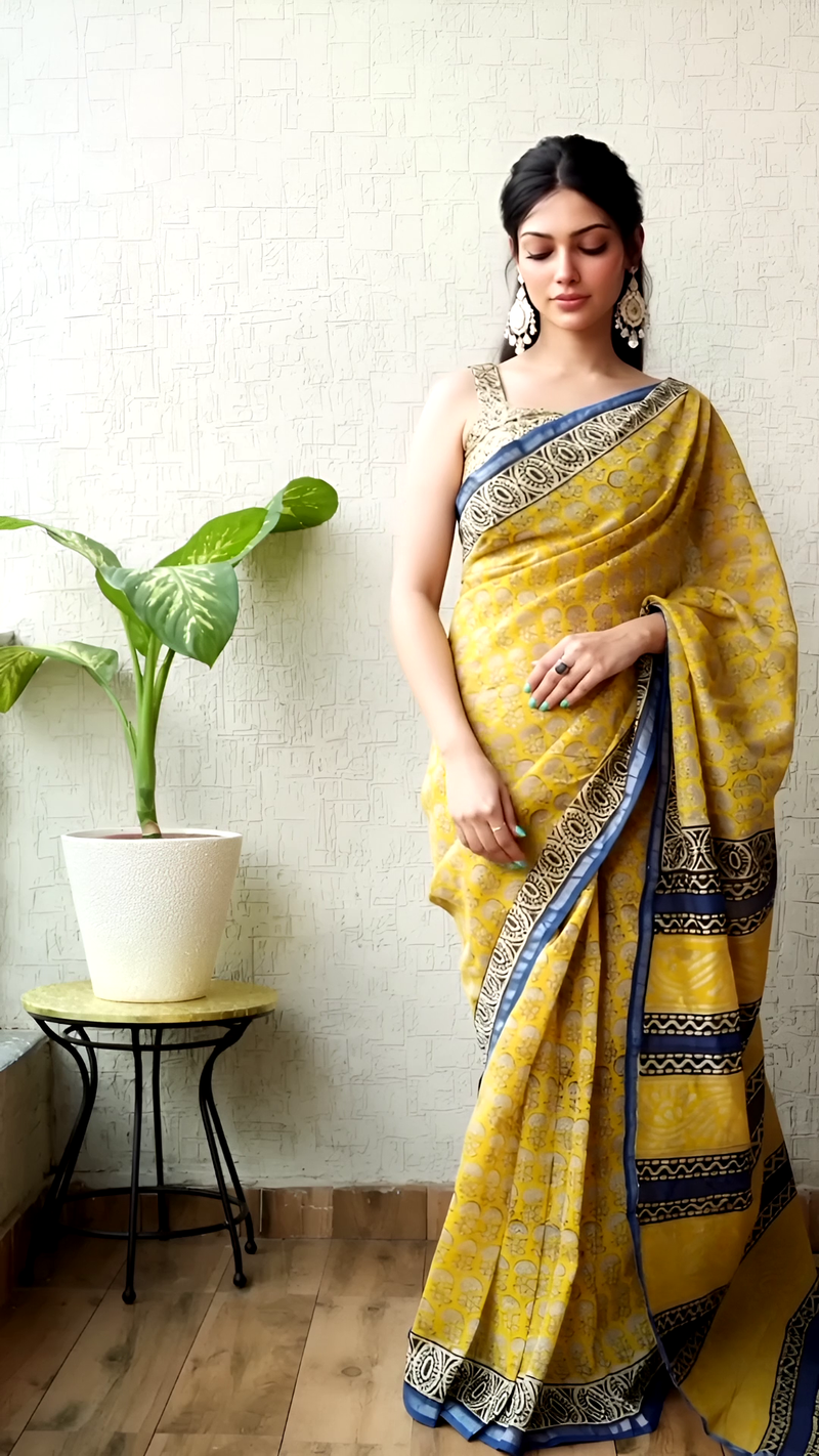 Pure Cotton Ajrakh Hand Block Printed Saree โ Mustard Yellow with Indigo Borders