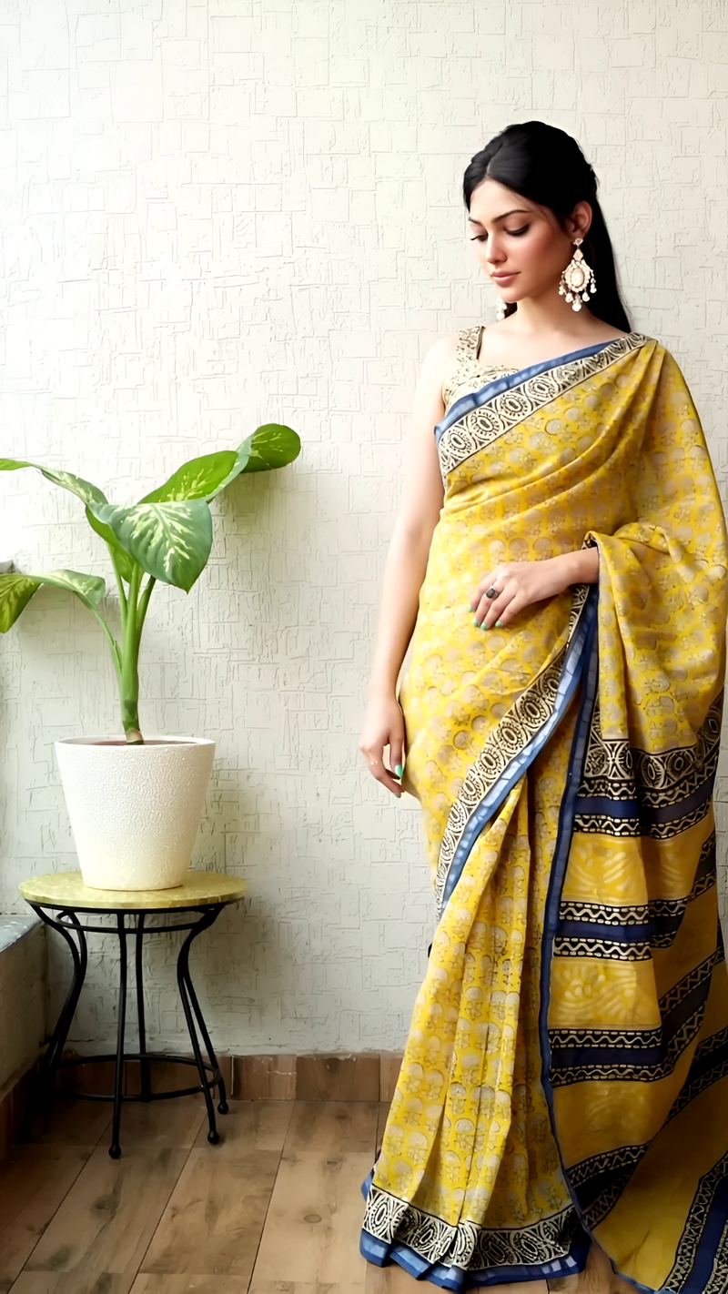Pure Cotton Ajrakh Hand Block Printed Saree โ Mustard Yellow with Indigo Borders