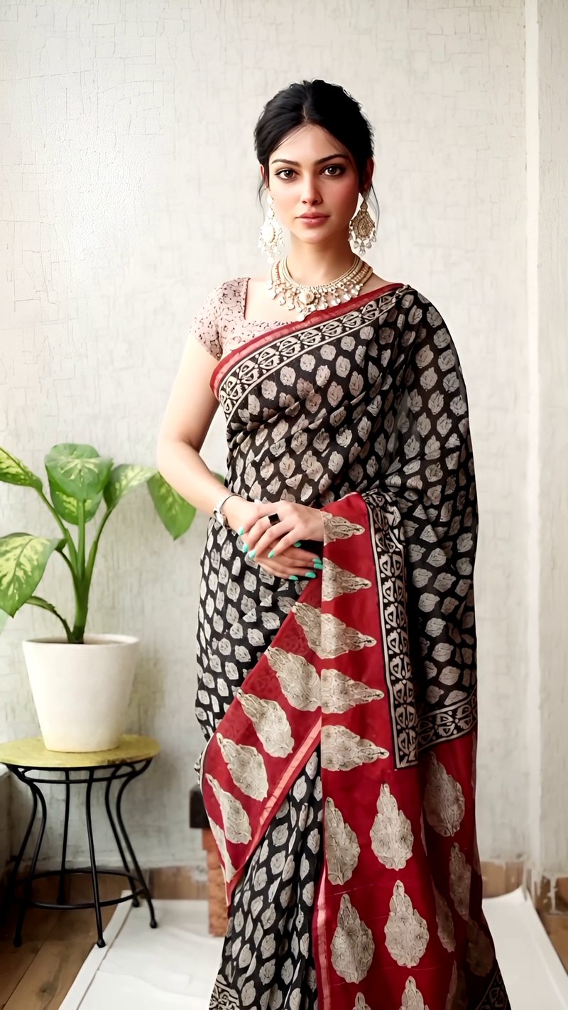 Pure Cotton Ajrakh Hand Block Printed Saree โ Black with Rust-Red Paisley Pallu