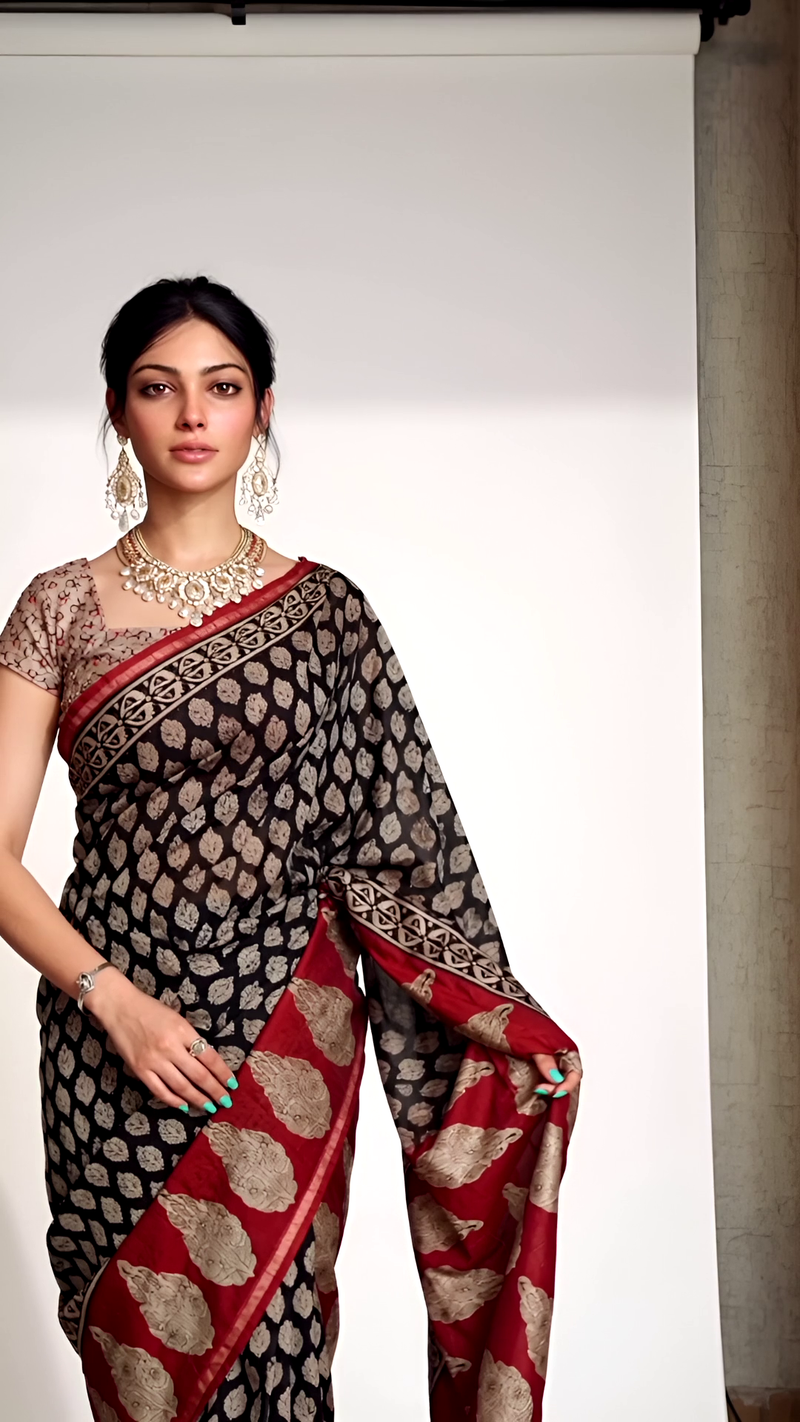 Pure Cotton Ajrakh Hand Block Printed Saree โ Black with Rust-Red Paisley Pallu