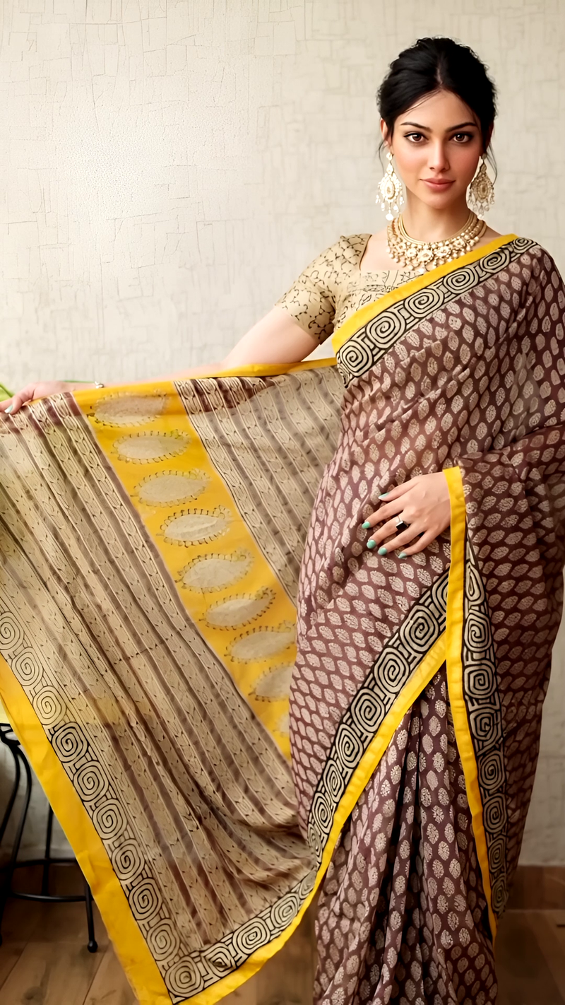 Pure Cotton Ajrakh Hand Block Printed Saree โ Brown with Mustard Yellow Border & Patterned Pallu