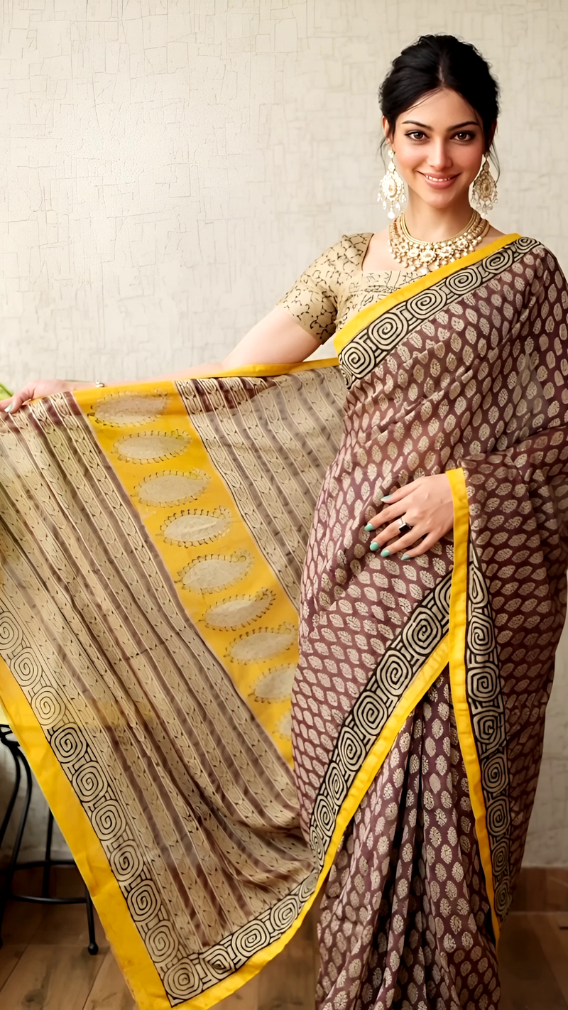 Pure Cotton Ajrakh Hand Block Printed Saree โ Brown with Mustard Yellow Border & Patterned Pallu
