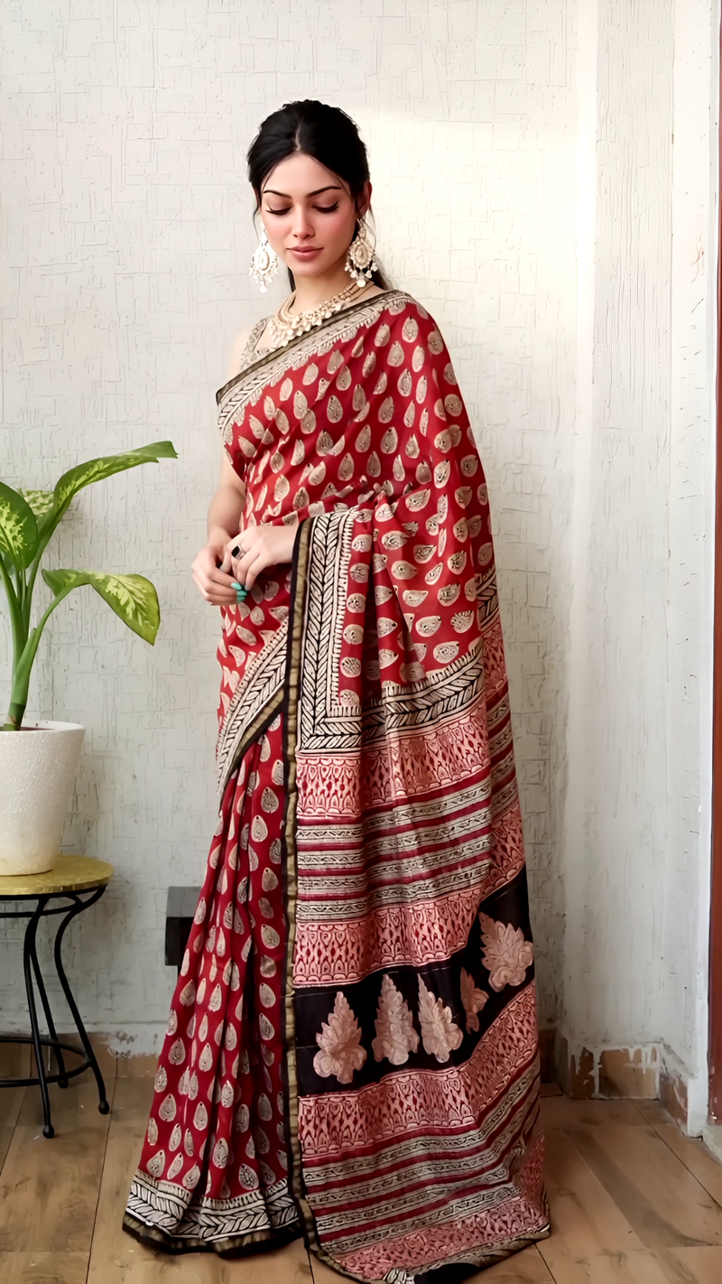 Pure Cotton Ajrakh Hand Block Printed Saree – Rust Red with Paisley & Floral Pallu