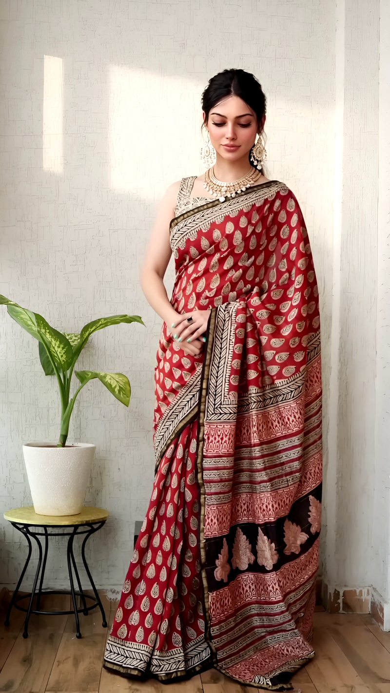 Pure Cotton Ajrakh Hand Block Printed Saree – Rust Red with Paisley & Floral Pallu