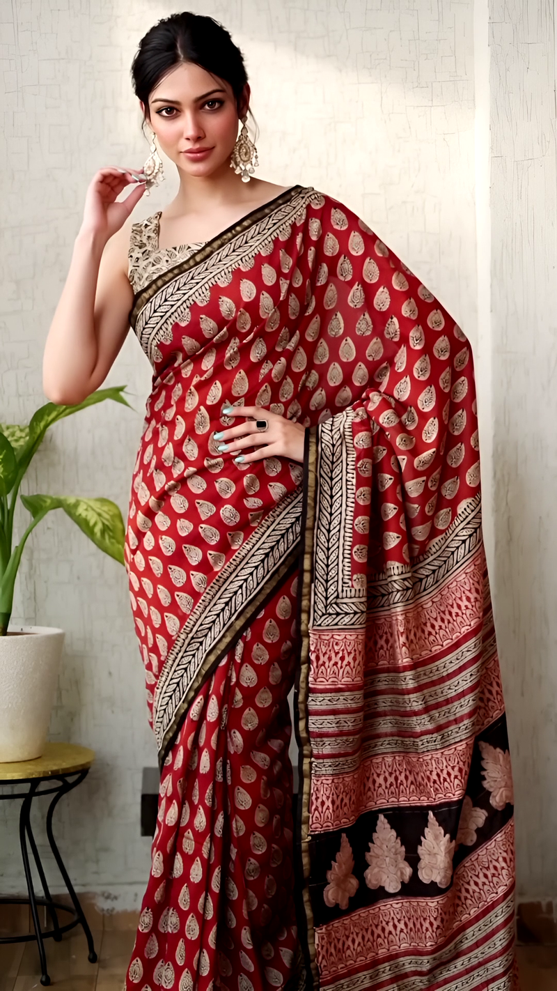 Pure Cotton Ajrakh Hand Block Printed Saree – Rust Red with Paisley & Floral Pallu