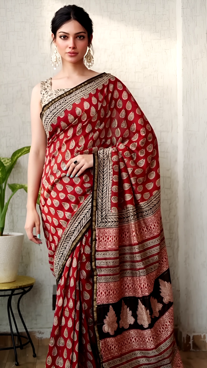 Pure Cotton Ajrakh Hand Block Printed Saree – Rust Red with Paisley & Floral Pallu