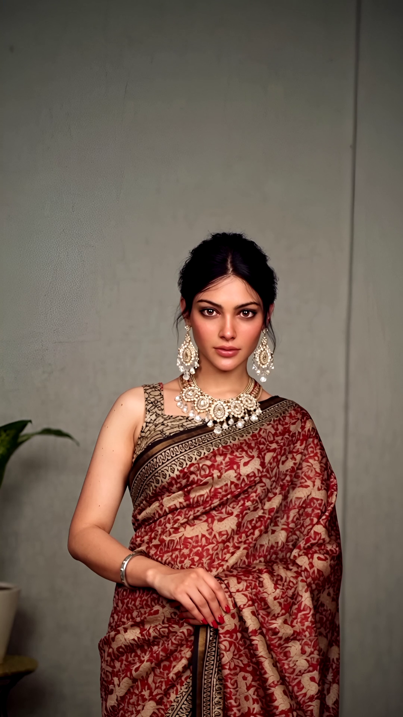 Pure Cotton Ajrakh Hand Block Printed Saree โ Beige with Maroon Floral Motifs