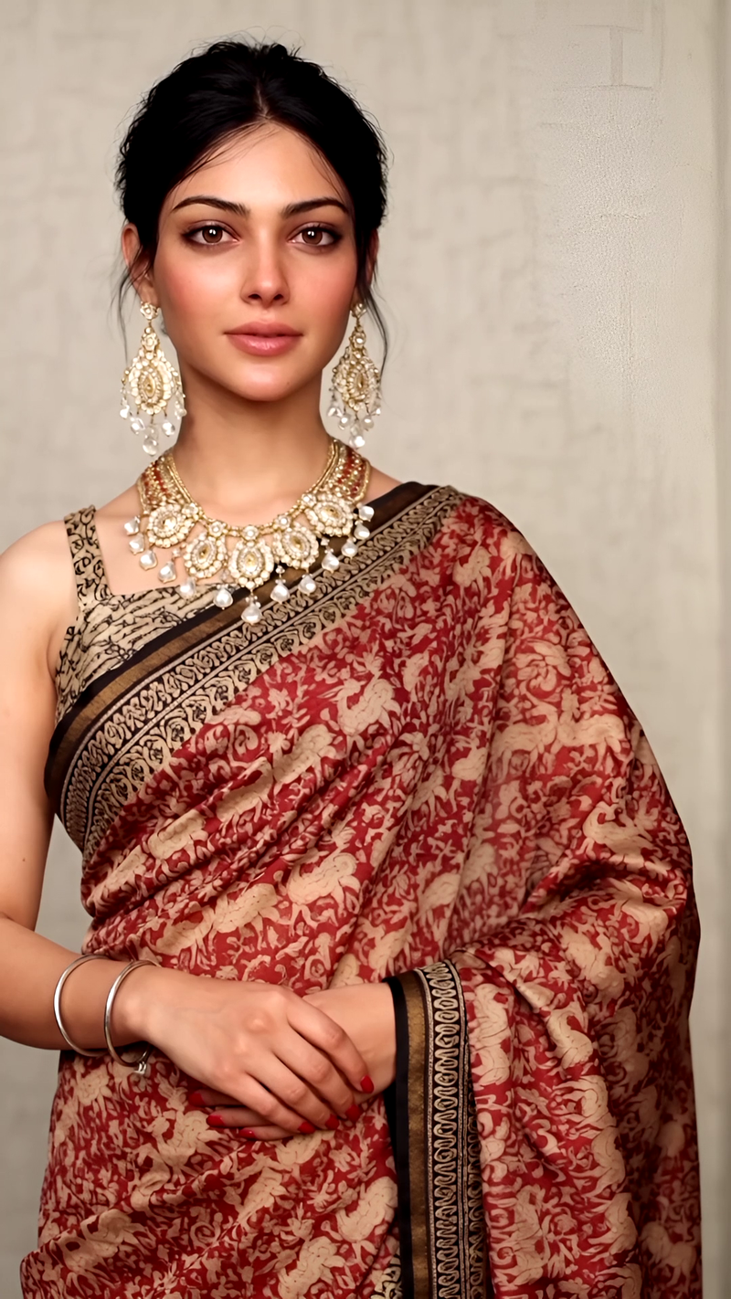 Pure Cotton Ajrakh Hand Block Printed Saree โ Beige with Maroon Floral Motifs