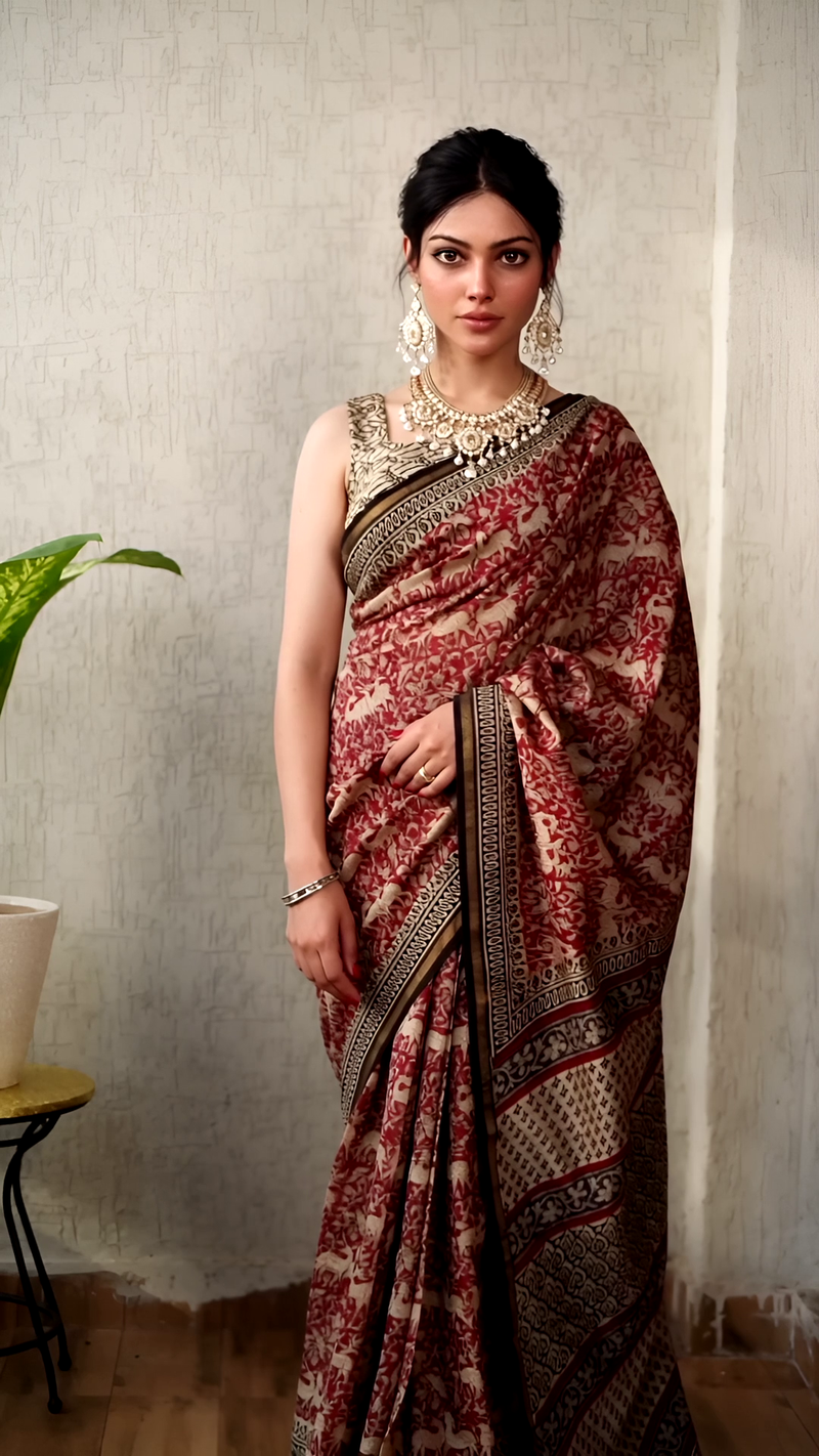 Pure Cotton Ajrakh Hand Block Printed Saree โ Beige with Maroon Floral Motifs