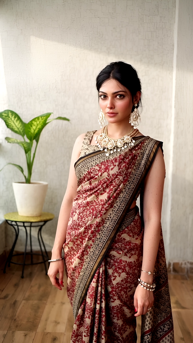 Pure Cotton Ajrakh Hand Block Printed Saree โ Beige with Maroon Floral Motifs