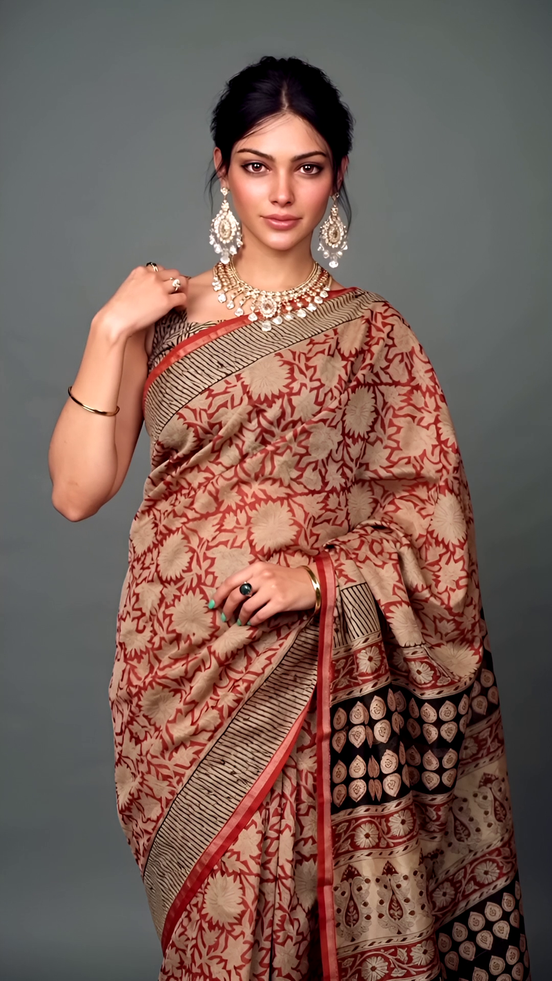 Pure Cotton Ajrakh Hand Block Printed Saree โ Beige with Rust Floral & Black Pallu