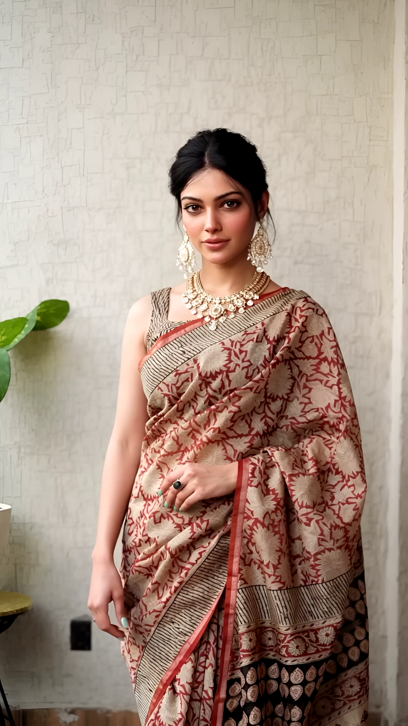 Pure Cotton Ajrakh Hand Block Printed Saree โ Beige with Rust Floral & Black Pallu
