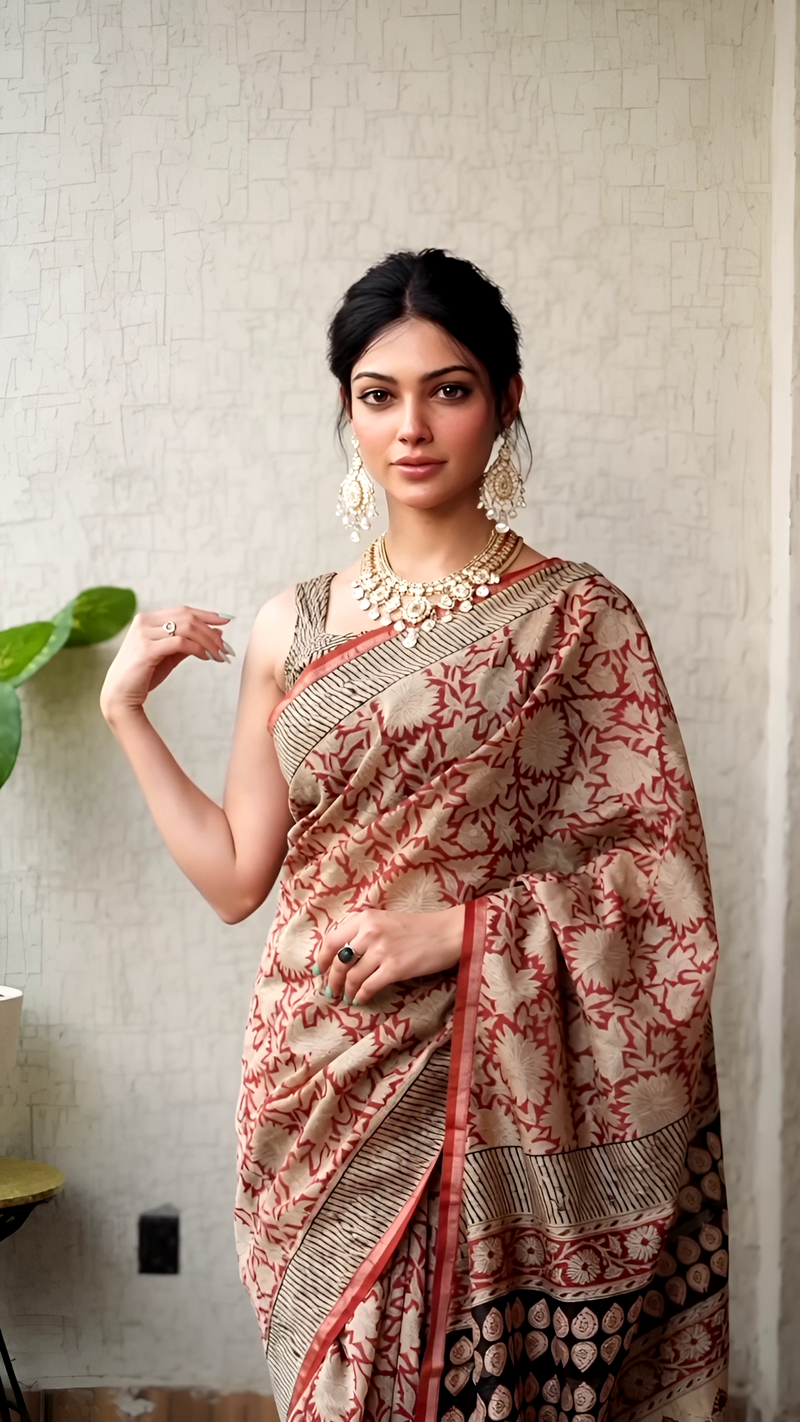 Pure Cotton Ajrakh Hand Block Printed Saree โ Beige with Rust Floral & Black Pallu