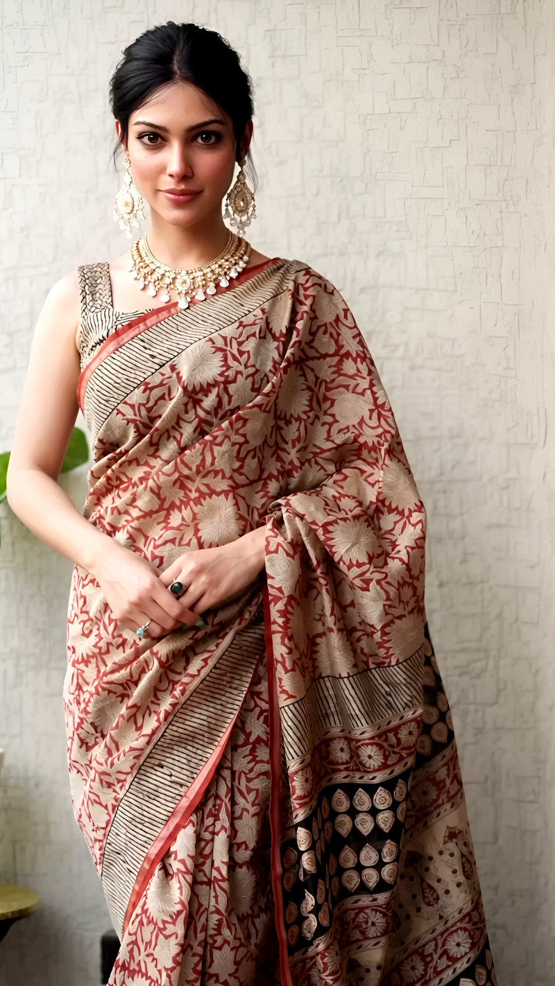 Pure Cotton Ajrakh Hand Block Printed Saree โ Beige with Rust Floral & Black Pallu