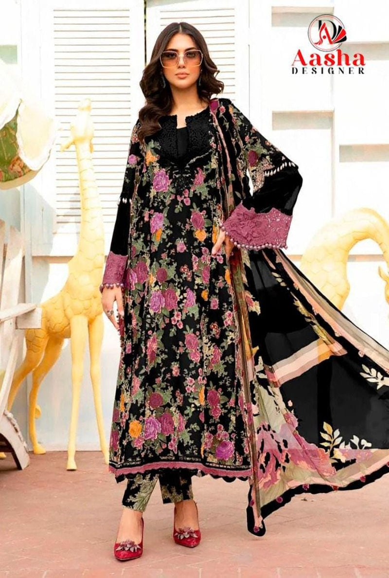 Black Rose Garden Luxury Floral Lawn Suit with Embroidered Dupatta