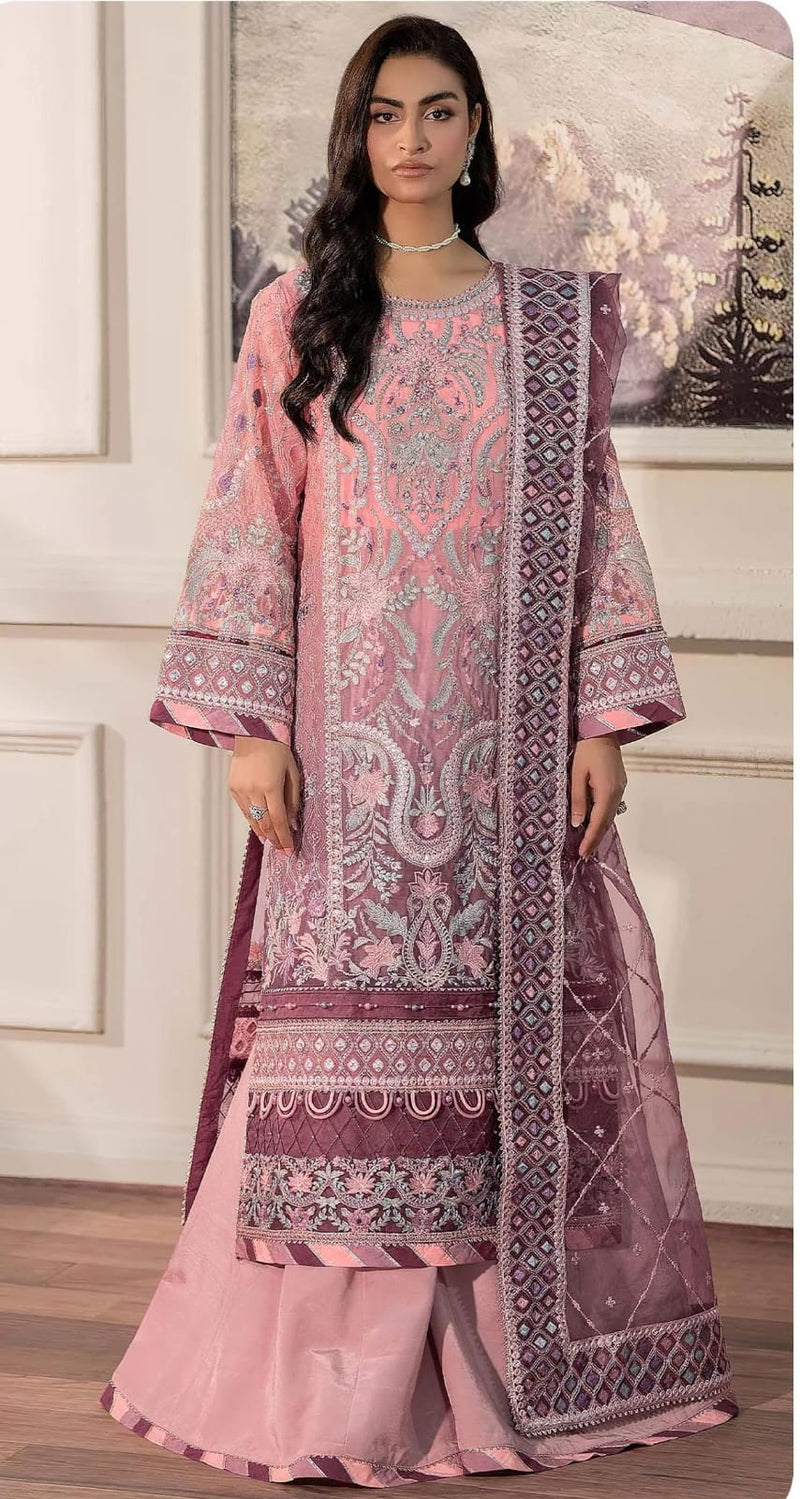 Rose Mauve Embroidered Net Kurti Set with Organza Dupatta & Silk Palazzo