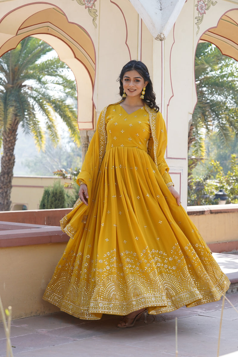 Radiant Mustard Yellow Mirror Work Anarkali Set with Dupatta