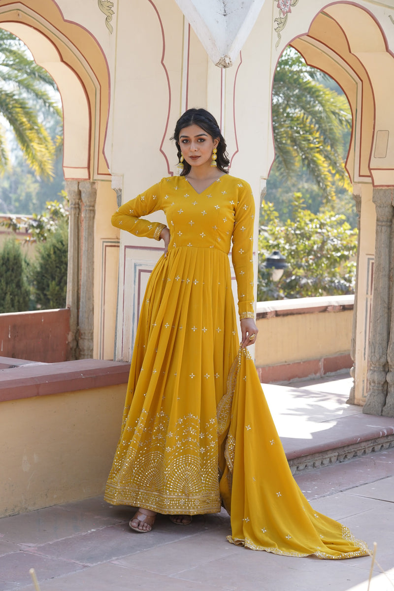 Radiant Mustard Yellow Mirror Work Anarkali Set with Dupatta