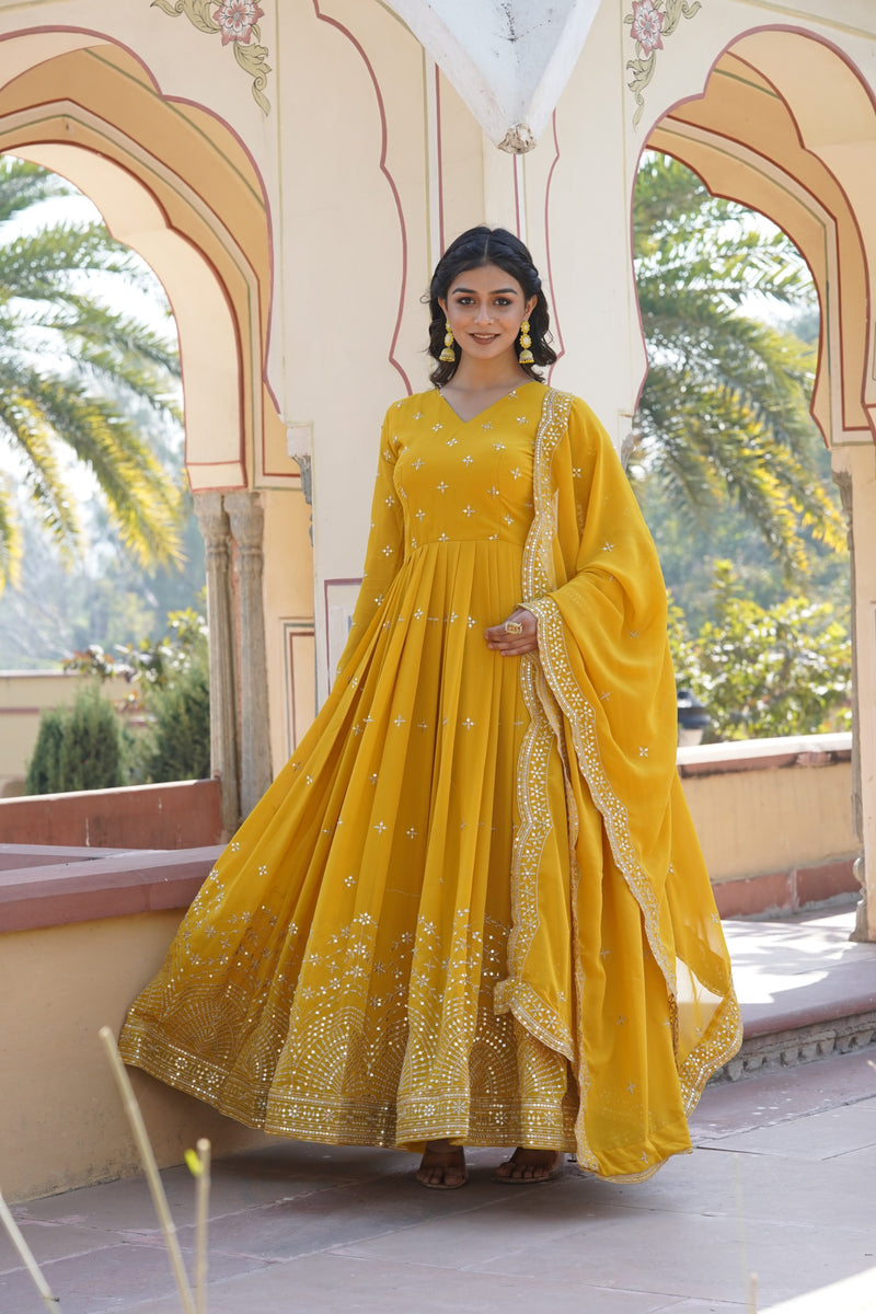 Radiant Mustard Yellow Mirror Work Anarkali Set with Dupatta