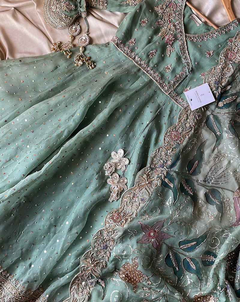 Olive Green Embroidered Anarkali Set with Digital Printed Dupatta