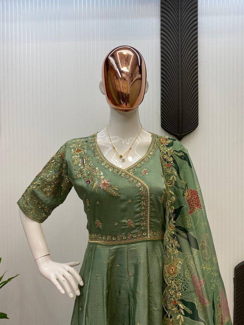 Olive Green Embroidered Anarkali Set with Digital Printed Dupatta